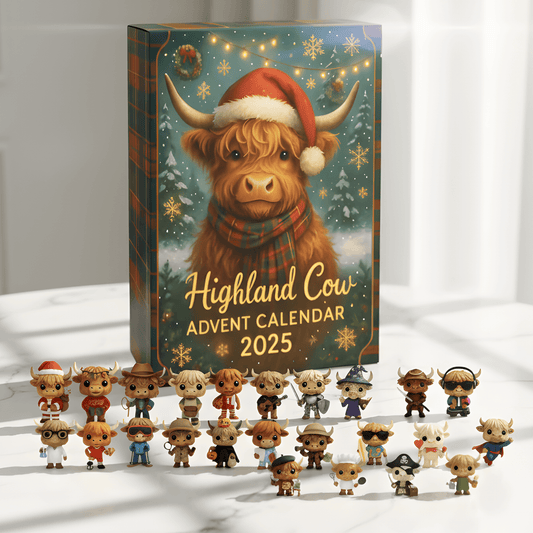 HighlandJoy – 2D Julkalender med 24 Highland Cow-figurer för Nedräkning till Jul