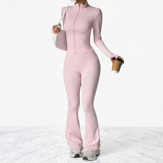 AeroFlare – Hurtigtørkende treningssett for kvinner med slim fit-jakke og utsvingte tights for yoga, trening og hverdagsbruk