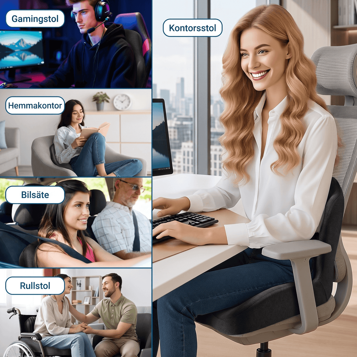 ErgoBase – Ergonomisk Sittkudde med Ryggstöd i Memory Foam – Sittdyna för Kontorsstol, Bil och Hemmakontor