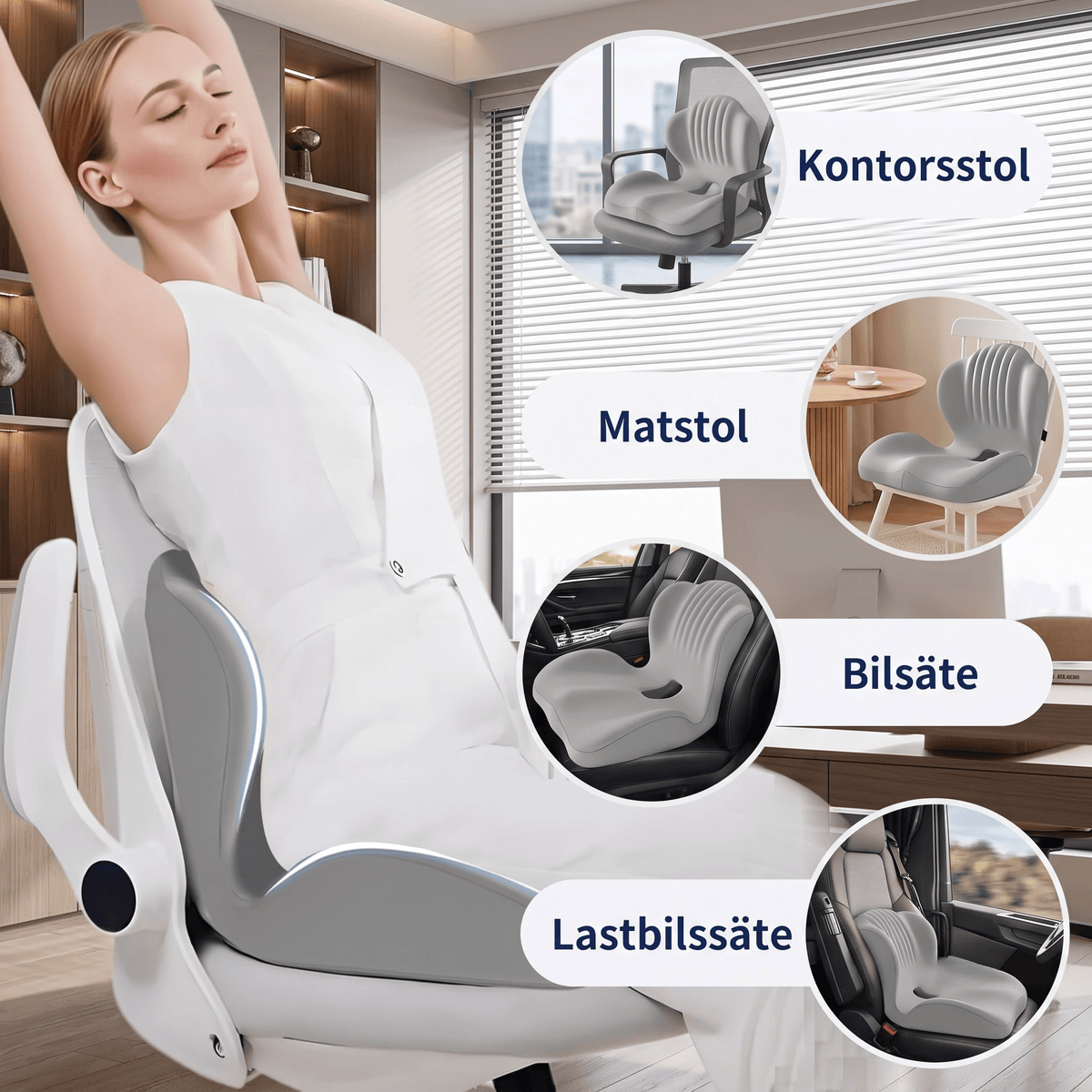 ErgoBase – Ergonomisk Sittkudde med Ryggstöd i Memory Foam – Sittdyna för Kontorsstol, Bil och Hemmakontor