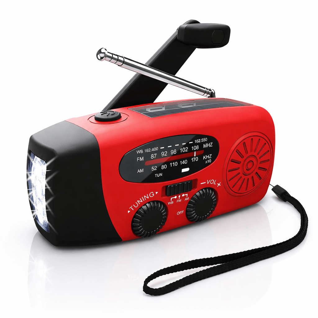StormWave – Multifunktionell Nödradio med Handvev, Solcellsladdning, Powerbank, LED-Ficklampa och AM/FM Mottagning