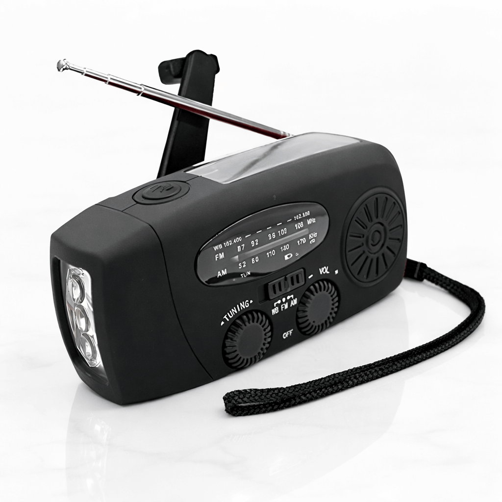 StormWave – Multifunktionell Nödradio med Handvev, Solcellsladdning, Powerbank, LED-Ficklampa och AM/FM Mottagning