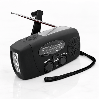 StormWave – Multifunktionell Nödradio med Handvev, Solcellsladdning, Powerbank, LED-Ficklampa och AM/FM Mottagning