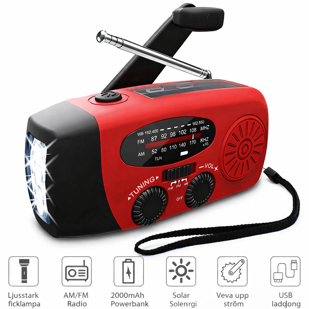 StormWave – Multifunktionell Nödradio med Handvev, Solcellsladdning, Powerbank, LED-Ficklampa och AM/FM Mottagning