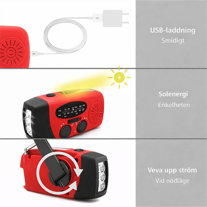 StormWave – Multifunktionell Nödradio med Handvev, Solcellsladdning, Powerbank, LED-Ficklampa och AM/FM Mottagning