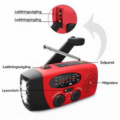 StormWave – Multifunktionell Nödradio med Handvev, Solcellsladdning, Powerbank, LED-Ficklampa och AM/FM Mottagning