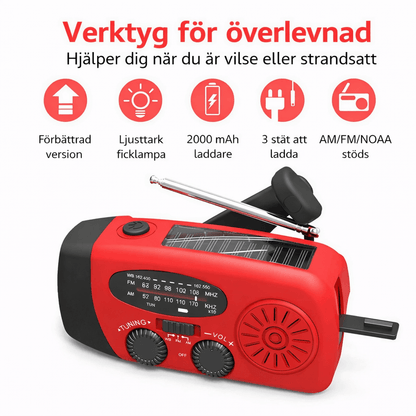 StormWave – Multifunktionell Nödradio med Handvev, Solcellsladdning, Powerbank, LED-Ficklampa och AM/FM Mottagning
