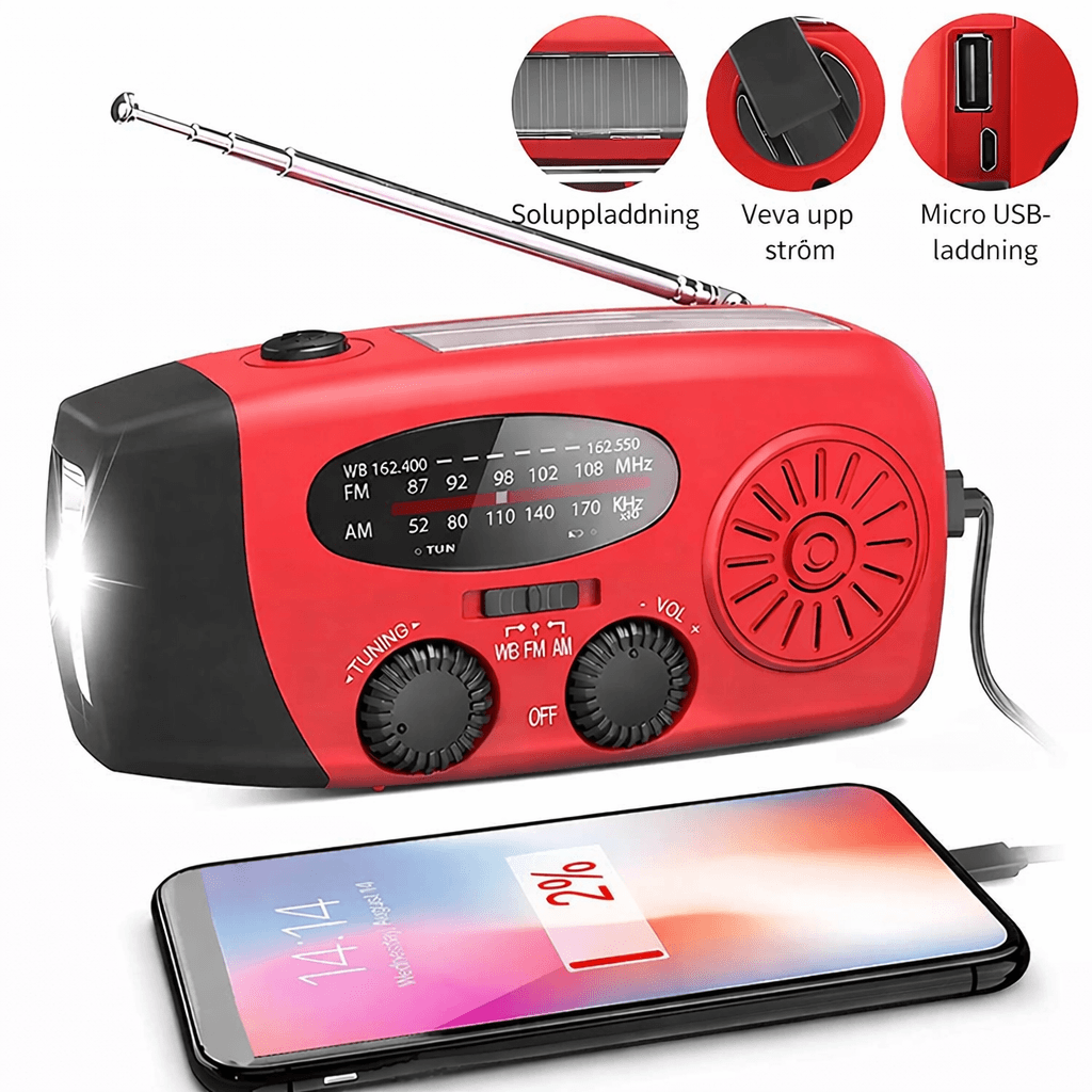 StormWave – Multifunktionell Nödradio med Handvev, Solcellsladdning, Powerbank, LED-Ficklampa och AM/FM Mottagning